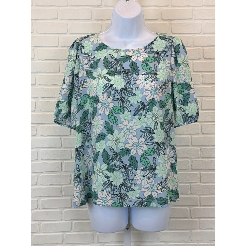 Loft Floral Puff-Sleeve Blouse Blue Green Small